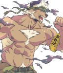  abs accessory anthro armband beard belt body_hair bottomwear bovid bovine camo camo_print cattle chest_hair clothed clothing facial_hair green_bottomwear green_clothing hair headband horn male mammal muscular muscular_male nipples open_mouth purple_eyes shennong simple_background solo sunspotfish teeth tokyo_afterschool_summoners topless video_games white_background white_hair 