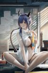  1girl absurdres arknights artist_name bangs bare_arms bare_shoulders black_panties blue_hair book_stack breasts ch&#039;en_(arknights) chinese_commentary commentary_request dated feet_out_of_frame hair_between_eyes highres horns indian_style indoors kiasela large_breasts long_hair looking_at_viewer low_twintails navel necktie panties paper red_eyes shirt signature sitting sleeveless sleeveless_shirt solo stomach tail twintails underwear white_shirt yellow_neckwear 