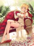  1girl :3 ahoge anklet bare_legs bare_shoulders barefoot blonde_hair breasts chaise_longue champagne_flute cheek_rest cleavage commentary crossed_legs cup detached_sleeves dress drink drinking_glass dutch_angle fate/grand_order fate_(series) green_eyes hair_intakes holding holding_cup jewelry juliet_sleeves large_breasts long_hair long_sleeves looking_at_viewer nagu nero_claudius_(fate) nero_claudius_(fate)_(all) petals plant puffy_sleeves signature sitting smile solo stool thighs tied_hair white_dress 