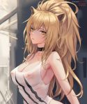  1girl animal_ears arknights artist_name bangs bare_arms bare_shoulders black_choker blonde_hair blurry blurry_background breasts chihunhentai choker cleavage collarbone depth_of_field fang hair_between_eyes high_ponytail highres large_breasts lion_ears lion_girl long_hair looking_at_viewer messy_hair nipples parted_lips see-through sidelocks siege_(arknights) sleeveless smile solo tank_top upper_body very_long_hair watermark white_tank_top yellow_eyes 
