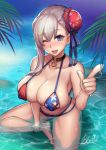  1girl american_flag_bikini asymmetrical_hair bangs bare_shoulders bikini blue_eyes blush breasts bun_cover cleavage collarbone fate/grand_order fate_(series) flag_print hair_bun highres large_breasts long_hair looking_at_viewer miyamoto_musashi_(fate/grand_order) miyamoto_musashi_(swimsuit_berserker)_(fate) navel open_mouth pink_hair qblade side_bun smile solo swept_bangs swimsuit 