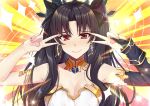  1girl absurdres armlet bangs bare_shoulders black_hair blush breasts commentary_request crown earrings emotional_engine_-_full_drive fate/grand_order fate_(series) gu_li hair_ribbon highres hoop_earrings ishtar_(fate)_(all) ishtar_(fate/grand_order) jewelry long_hair looking_at_viewer navel parted_bangs red_eyes ribbon smile solo two_side_up 