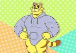  4_fingers animal_crossing anthro bottomless bulge clothed clothing dotted_background felid fingers fur hoodie kiba24 male mammal nintendo open_mouth pantherine pattern_background simple_background solo striped_body striped_fur stripes tiger topwear tybalt_(animal_crossing) video_games yellow_body yellow_fur 