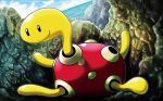  black_eyes blue_sky closed_mouth cloud cloudy_sky creature day dutch_angle fukuda_masakazu full_body gen_2_pokemon no_humans ocean official_art outdoors pokemon pokemon_(creature) pokemon_trading_card_game shell shuckle sky smile solo water 