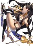  1girl absurdres anklet armlet asymmetrical_legwear asymmetrical_sleeves bangs bare_shoulders black_bikini_bottom black_hair black_ribbon breasts chain cleavage closed_mouth detached_collar earrings fate/grand_order fate_(series) feet gem hair_ribbon heavenly_boat_maanna highres hoop_earrings ishtar_(fate)_(all) ishtar_(fate/grand_order) jewelry legs long_hair looking_at_viewer medium_breasts navel neck_ring parted_bangs red_eyes ribbon simple_background single_thighhigh solo sukocchi sword thighhighs tiara toeless_legwear two_side_up weapon white_background white_bikini_top 
