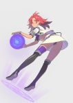 1girl antenna_hair ass ball bent_over black_footwear boots bracelet crop_top fire_emblem fire_emblem:_three_houses floating hapi_(fire_emblem) highres jacket jewelry long_hair looking_at_viewer looking_back magic_circle midriff miniskirt open_clothes open_jacket panties parted_lips purple_legwear purple_panties purple_shirt red_eyes red_hair shirt short_sleeves simple_background single_thighhigh skirt solo thigh_boots thighhighs thighs tim_loechner underwear white_background white_jacket white_skirt 
