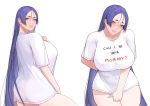  1girl absurdres alternate_costume bangs breasts curvy english_commentary fate/grand_order fate_(series) hand_on_own_chest highres large_breasts long_hair minamoto_no_raikou_(fate/grand_order) parted_bangs paul_dang_(podang) purple_eyes purple_hair shirt short_sleeves t-shirt thighs very_long_hair white_shirt 