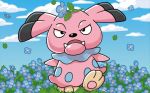 black_eyes blue_sky cloud cloudy_sky creature day dog_focus fangs flower full_body gen_2_pokemon komayama_akira leaf looking_at_viewer no_humans on_head outdoors pokemon pokemon_(creature) pokemon_trading_card_game sky snubbull solo standing wind 