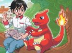  1boy black_hair blue_eyes book brown_eyes charmeleon chimney claws creature denim eye_contact fangs fiery_tail fire flame gen_1_pokemon happy holding holding_book horn house jeans komayama_akira looking_at_another male_focus official_art open_book pants pocket pokemon pokemon_(creature) pokemon_trading_card_game sitting tail tree window 