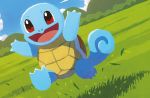  :d blue_sky brown_eyes cloud creature day dutch_angle full_body gen_1_pokemon grass happy hyogonosuke jumping no_humans official_art open_mouth outdoors pokemon pokemon_(creature) pokemon_trading_card_game shadow shell sky smile solo squirtle turtle 