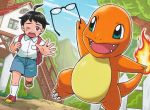  1boy black_hair blue_eyes blue_sky brown_eyes charmander claws cloud cloudy_sky creature fangs fence fiery_tail fire flame gen_1_pokemon glasses grass holding holding_eyewear house komayama_akira looking_at_another male_focus mountain official_art one_eye_closed pokemon pokemon_(creature) pokemon_trading_card_game running sky stairs tail tears window 
