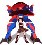  1girl black_hair brown_eyes crossed_arms flat_chest full_body gunbuster_pose looking_down mecha peni_parker plaid plaid_skirt pleated_skirt rtil school_uniform serious short_hair skirt socks sp//dr spider-man:_into_the_spider-verse spider-man_(series) sweater_vest top_wo_nerae! 