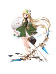  1girl arrow bangs black_footwear black_gloves blonde_hair blue_eyes blush bow_(weapon) braid breasts cleavage_cutout detached_sleeves dress feathered_wings floating_hair flower full_body gloves green_dress green_sleeves hair_flower hair_ornament highres holding holding_bow_(weapon) holding_weapon koflif long_hair long_sleeves low_twintails original partly_fingerless_gloves pointy_ears quiver sandals side_braids simple_background sleeveless sleeveless_dress small_breasts solo standing swept_bangs twin_braids twintails very_long_hair weapon white_background white_flower white_wings wide_sleeves wings 