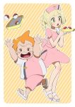  1boy 1girl accident blush djmn_c hat holding holding_tray lillie_(pokemon) mamane_(pokemon) nurse nurse_cap open_mouth orange_background pants pink_pants poke_ball poke_ball_(generic) pokemon pokemon_(anime) pokemon_sm_(anime) sandals striped striped_background tray two-tone_dress two-tone_shirt upper_teeth 