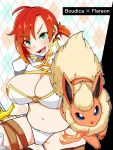  1girl 41_(taskmaster41) boudica_(fate/grand_order) breasts brown_legwear character_name cleavage fate/grand_order fate_(series) fire flareon green_eyes highres large_breasts midriff navel o-ring pokemon ponytail red_hair short_hair smile sword thick_thighs thighhighs thighs weapon 