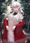  1girl bangs blue_eyes breasts dress english_commentary eyebrows_visible_through_hair fangs flower grey_hair hair_between_eyes long_hair looking_at_viewer lotus luna_(unsomnus) open_mouth original pointy_ears puffy_short_sleeves puffy_sleeves see-through short_sleeves small_breasts solo standing unsomnus vampire water wet wet_clothes wet_dress 