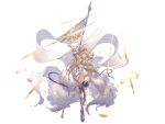  1girl antenna_hair armpits arms_up bangs banner blonde_hair blue_eyes breasts closed_mouth covered_nipples dress flower full_body granblue_fantasy greaves hair_flower hair_ornament highres jeanne_d&#039;arc_(granblue_fantasy) large_breasts long_hair looking_at_viewer panties pants polearm purple_ribbon ribbon ribbon-trimmed_dress ribbon_trim simple_background solo spear string_panties thighs torn_clothes torn_dress torn_pants underwear weapon white_background white_dress white_panties yu_pian 