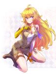  1girl amputee bare_shoulders belt blonde_hair breasts collarbone gloves highres iesupa long_hair mechanical_arm prosthesis prosthetic_arm purple_eyes rwby single_glove solo wavy_hair yang_xiao_long 