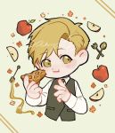  1boy alphonse_elric apple apple_pie apple_slice beige_background blonde_hair blush blush_stickers chewing chibi collared_shirt cropped_torso dot_nose ear_blush eating eyebrows_visible_through_hair floral_background flower food fork fqdyy fruit fullmetal_alchemist green_neckwear hair_between_eyes happy highres holding holding_cake holding_food honey honey_dipper knife leaf light_smile long_sleeves looking_to_the_side male_focus necktie orange_flower polka_dot polka_dot_background puffy_cheeks sample shirt simple_background striped striped_background waistcoat wavy_mouth white_flower white_shirt yellow_eyes 