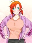  1girl 41_(taskmaster41) ahoge boudica_(fate/grand_order) breasts collarbone covered_nipples fate_(series) green_eyes hands_on_hips highres jacket large_breasts looking_at_viewer ponytail raised_eyebrows red_hair short_hair smile solo 