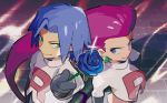  1boy 1girl blue_flower blue_hair blue_rose breasts closed_mouth flower green_eyes holding holding_flower kojirou_(pokemon) long_hair medium_breasts mizutani_megumi musashi_(pokemon) official_art pokemon pokemon_(anime) pokemon_trading_card_game purple_eyes purple_hair rose smirk sparkle standing team_rocket 