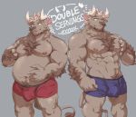  2020 barazoku belly bovid bovine bulge cattle clothing genital_outline humanoid_hands iwano.kal_(artist) kemono male mammal moobs muscular navel nipples overweight overweight_male pecs penis_outline pubes simple_background tongue tongue_out underwear 