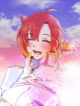  1girl 41_(taskmaster41) blush boudica_(fate/grand_order) breasts cleavage closed_eyes cloud cloudy_sky fate_(series) highres large_breasts ponytail red_hair short_hair sky smile solo sparkle upper_body 