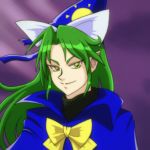  1990s_(style) 1girl black_sweater blue_capelet blue_ribbon bow bowtie capelet green_eyes green_hair hat hat_ribbon long_hair mima mima-sama pointy_ears ribbon slayers smile solo sun_print sweater touhou touhou_(pc-98) white_ribbon wizard_hat yellow_bow yellow_neckwear 