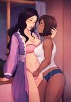  2girls asami_sato avatar_(series) black_hair blue_panties bra breasts brown_hair cleavage dark_skin fingering hand_in_panties iahfy korra multiple_girls navel nightgown open_clothes open_mouth panties pink_bra pink_panties smile stomach tank_top the_legend_of_korra toned underwear window yuri 