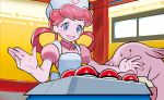  1girl :d apron bangs black_eyes blue_eyes blush breasts chansey closed_mouth creature egg eyelashes gen_1_pokemon happy hat indoors joy_(pokemon) long_hair nurse_cap official_art open_arms open_mouth pink_hair poke_ball poke_ball_(generic) pokemon pokemon_(creature) pokemon_center pokemon_trading_card_game puffy_short_sleeves puffy_sleeves short_sleeves small_breasts smile standing tied_hair tokiya white_headwear window 