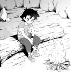  1boy black_hair black_shorts campfire camping depressed djmn_c holding_stick in_tree pokemon pokemon_(anime) pokemon_sm_(anime) satoshi_(pokemon) shoes shorts sitting sitting_in_tree sneakers solo spiked_hair striped striped_shorts tagme tree z-ring 