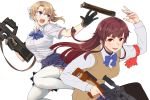  2girls armband bangs black_legwear blonde_girl_(itou) blue_bow blue_eyes blue_skirt blunt_bangs bow breasts brown_eyes brown_hair bullpup catching collared_shirt commentary_request dragunov_svd embers gloves gun hair_bow holding holding_gun holding_weapon itou_(onsoku_tassha) long_hair long_sleeves looking_at_another magazine_(weapon) multiple_girls open_mouth original p90 pantyhose pleated_skirt ponytail red_armband rifle school_uniform shirt short_sleeves sidelocks simple_background skirt smile sniper_rifle straight_hair submachine_gun sweater_vest thighhighs tossing trigger_discipline v-shaped_eyebrows weapon white_background white_legwear white_shirt 