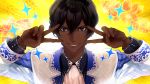  1boy alternate_costume arjuna_(fate/grand_order) bangs black_hair dark_skin dark_skinned_male double_v emotional_engine_-_full_drive fate/grand_order fate_(series) hair_between_eyes hands_up highres long_sleeves looking_at_viewer male_focus open_mouth parody smile solo sparkle star v yuuki_yuchi 