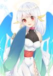  1girl :d abe_suke absurdres bangs bare_shoulders blue_wings breasts copyright_request dress eyebrows_visible_through_hair fangs glowing halo halter_dress head_wings highres long_hair medium_breasts open_mouth red_eyes sash silver_hair sleeveless sleeveless_dress smile solo very_long_hair virtual_youtuber white_background white_dress wings yellow_wings 