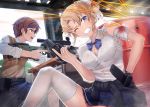  2girls ai_arctic_warfare bandages battle blonde_girl_(itou) blonde_hair blood blue_eyes bolt_action bra breasts casing_ejection cleavage clenched_teeth gun hair_ribbon handgun itou_(onsoku_tassha) large_breasts legs lingerie locked_slide magazine_(weapon) magazine_ejection multiple_girls original panties pantyshot pantyshot_(sitting) pistol ponytail reloading ribbon rifle school_uniform scope shell_casing sig_sauer sig_sauer_p226 sitting sniper_rifle sweat sweater_vest teeth thighhighs torn_clothes trigger_discipline unbuttoned underwear weapon wince 