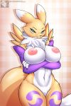  2:3 anthro big_breasts blue_eyes breasts canid canine digimon digimon_(species) female fur hi_res kyodashiro mammal navel nipples renamon solo text url white_body white_fur yellow_body yellow_fur 