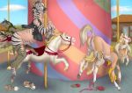  2020 amusement_ride anus carousel clothed clothing detailed_background equid equine erection female genitals human male mammal penis pussy rufciu transformation zebra 