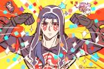  1boy bangs blue_hair chest_tattoo cimazu2 cu_chulainn_(fate)_(all) cu_chulainn_alter_(fate/grand_order) double_v earrings emotional_engine_-_full_drive facial_mark facial_tattoo fate/grand_order fate_(series) flexing gloves hands_up hood jewelry long_hair long_sleeves looking_at_viewer male_focus open_mouth parody pose red_eyes solo sparkle star tattoo v 