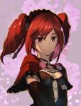  1girl amy_sorel ashiomi_masato black_gloves breasts capelet choker commentary_request drill_hair expressionless floral_background gloves gothic_lolita lolita_fashion looking_at_viewer medium_hair red_capelet red_eyes red_hair small_breasts solo soulcalibur soulcalibur_vi twin_drills upper_body v_arms 