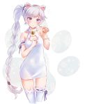  1girl bare_shoulders blue_eyes cat_cutout covered_navel dress highres iesupa long_hair panties paw_pose ponytail rwby scar scar_across_eye side_ponytail solo thighhighs translucent underwear weiss_schnee white_dress white_hair 