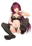  1girl absurdres black_legwear black_panties breasts cameltoe cleavage fate/grand_order fate_(series) fingering fingering_through_clothes fingering_through_panties hair_intakes highres large_breasts long_hair looking_at_viewer navel open_mouth panties purple_hair red_eyes saturn_v_(artist) scathach_(fate)_(all) scathach_(fate/grand_order) simplified_chinese_text sitting solo spread_legs thighhighs through_clothes toes tongue tongue_out underwear white_background 