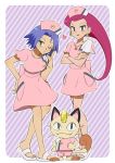  1girl 2boys blown_kiss blue_eyes blue_hair breast_padding crossdressing djmn_c gen_1_pokemon green_eyes hat heart kojirou_(pokemon) meowth multiple_boys musashi_(pokemon) nurse nurse_cap pink_hair pokemon pokemon_(anime) pokemon_sm_(anime) puckered_lips purple_background striped striped_background team_rocket 