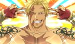  1boy aion_kiu bangs beard beowulf_(fate/grand_order) blonde_hair chest double_v emotional_engine_-_full_drive facial_hair fate/grand_order fate_(series) gloves hands_up long_sleeves looking_at_viewer male_focus muscle open_mouth parody red_eyes scar shirtless smile solo sparkle star tattoo v 