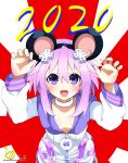  1girl 2020 animal_ears chinese_new_year chinese_zodiac choker d-pad d-pad_hair_ornament hair_between_eyes hair_ornament highres hood hooded_jacket jacket kurozero looking_at_viewer neptune_(neptune_series) neptune_(series) purple_eyes purple_hair rat_ears short_hair solo tongue tongue_out usb white_choker year_of_the_rat 