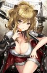  1girl animal_ears arknights bangs black_nails blonde_hair blush breasts brown_eyes candy choker cleavage collarbone eyebrows_visible_through_hair food fur-trimmed_jacket fur-trimmed_shorts fur_trim hair_between_eyes highres holding holding_food jacket large_breasts leather_choker lion_ears lion_tail lollipop long_hair looking_at_viewer messy_hair ponytail red_shorts shorts siege_(arknights) solo squchan tail tank_top thighs war_hammer weapon 