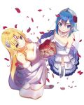 2girls ahoge armpit_crease bare_shoulders blonde_hair blue_eyes blue_hair blush bouquet braid braided_ponytail breasts bridal_veil character_request circlet cleavage closed_mouth collarbone dress earrings elbow_gloves endenburg_no_hanayome eyebrows_visible_through_hair eyeliner flower frilled_dress frills from_above full_body garter_straps gloves hair_between_eyes hair_flower hair_ornament high_heels highres holding holding_bouquet jewelry large_breasts layered_dress light_brown_eyes long_hair looking_at_viewer looking_up makeup monster_ears multiple_girls necklace novel_illustration official_art petals pointy_ears red_flower red_rose rose rose_petals side_slit sidelocks simple_background small_breasts smile standing strapless strapless_dress thighhighs veil very_long_hair wedding_dress white_background white_dress white_flower white_rose yasumo_(kuusouorbital) 
