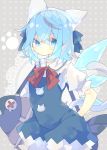  1girl animal_ears bag blue_dress blue_eyes blue_hair blue_ribbon cat_day cat_ears cirno commentary cowboy_shot doily dress fake_animal_ears fish_skeleton grey_background hair_ribbon hairband highres ice ice_wings looking_at_viewer neck_ribbon nikorashi-ka polka_dot polka_dot_background red_neckwear ribbon shirt short_hair short_sleeves shoulder_bag solo symbol_commentary tail touhou white_hairband white_shirt wings 