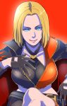  1girl blonde_hair blue_eyes blue_mary breasts butcha-u cleavage closed_mouth commentary_request crossed_legs fatal_fury gloves highres large_breasts lipstick looking_at_viewer makeup midriff short_hair simple_background smile solo the_king_of_fighters 