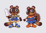  2020 animal_crossing anthro armor brown_body brown_fur canid canine chiisao duo fur mammal melee_weapon nintendo raccoon_dog shield simple_background sword tanuki timmy_nook tommy_nook video_games weapon white_background 