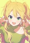  1girl :d absurdres agata_(agatha) ahoge blonde_hair close-up collarbone commentary_request earrings green_eyes highres hoshii_miki idolmaster idolmaster_(classic) jewelry long_hair looking_at_viewer nail_art open_mouth sleeves_past_wrists smile solo two_side_up upper_body yellow_background 